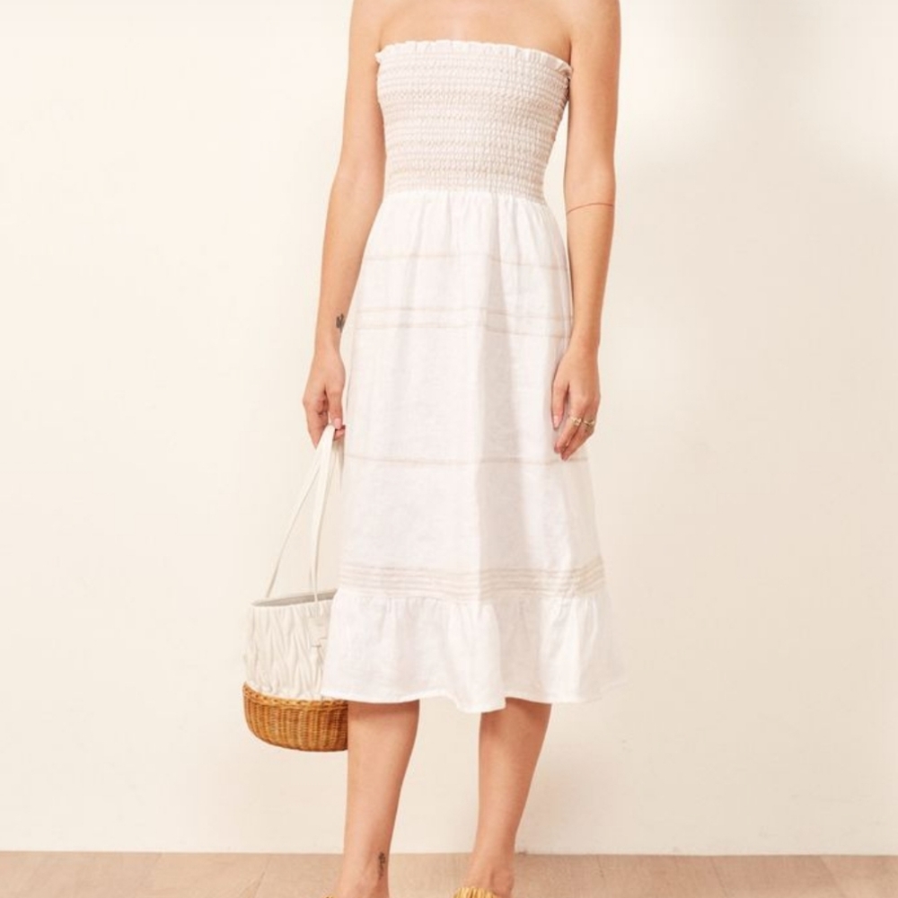Reformation White Linen Smocked Tiered Midi Dress Size Small